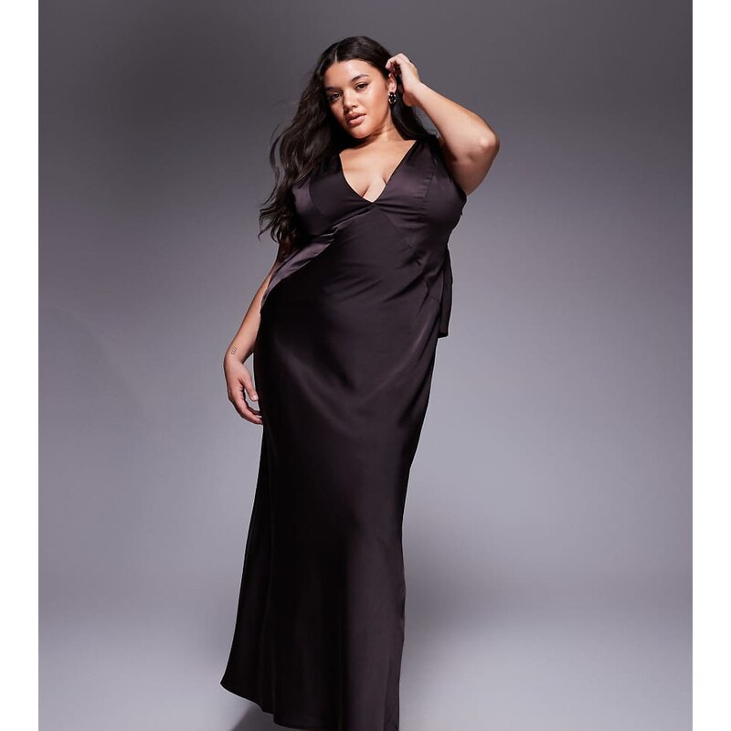 ASOS Curve ASOS DESIGN Curve satin plunge maxi dress with knot 109589010