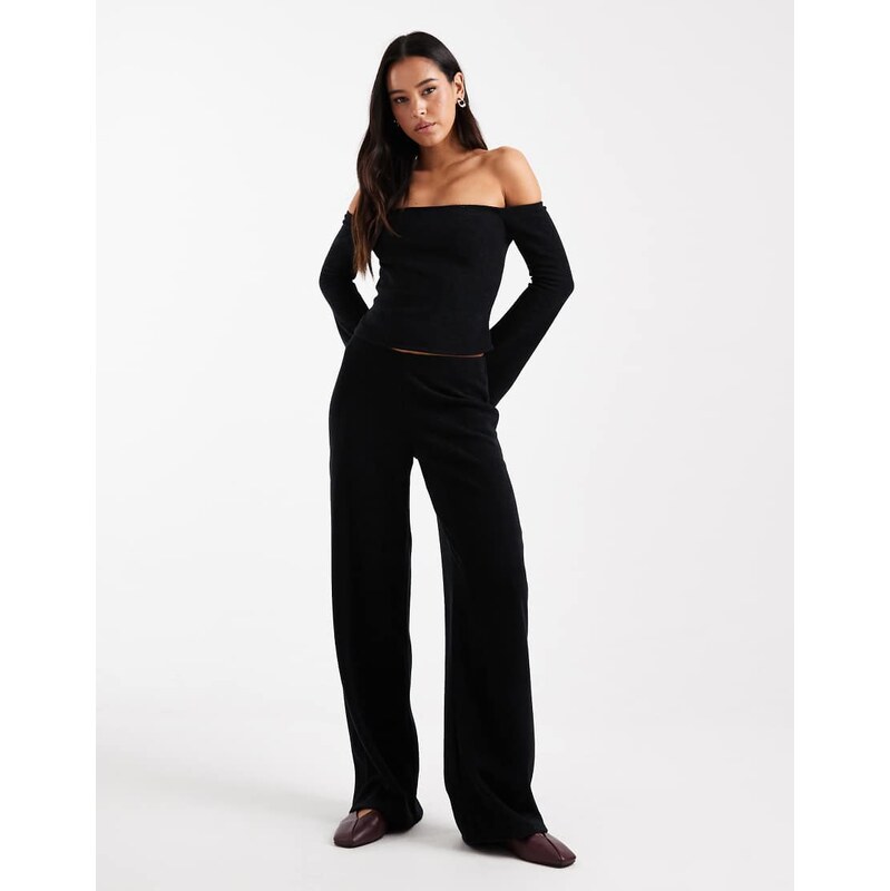 ASOS DESIGN co-ord brushed rib wide leg trousers in black