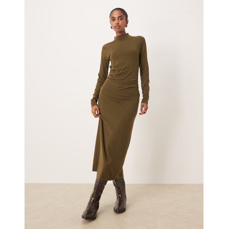 Mango high neck ruched waist maxi dress in khaki-Green