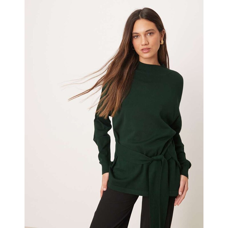 Mango knitted high neck tie waist jumper in khaki-Green