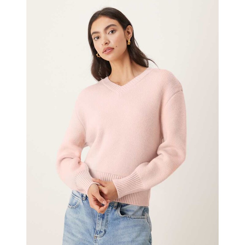 Mango v neck chunky knitted jumper in pale pink