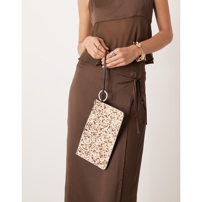 Mango 100% leather clutch bag in cow print-Brown 109589040