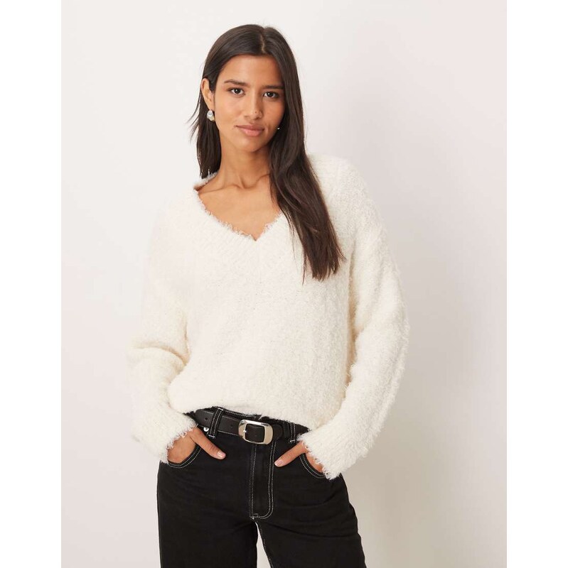 Mango v neck fluffy jumper in white 109589300