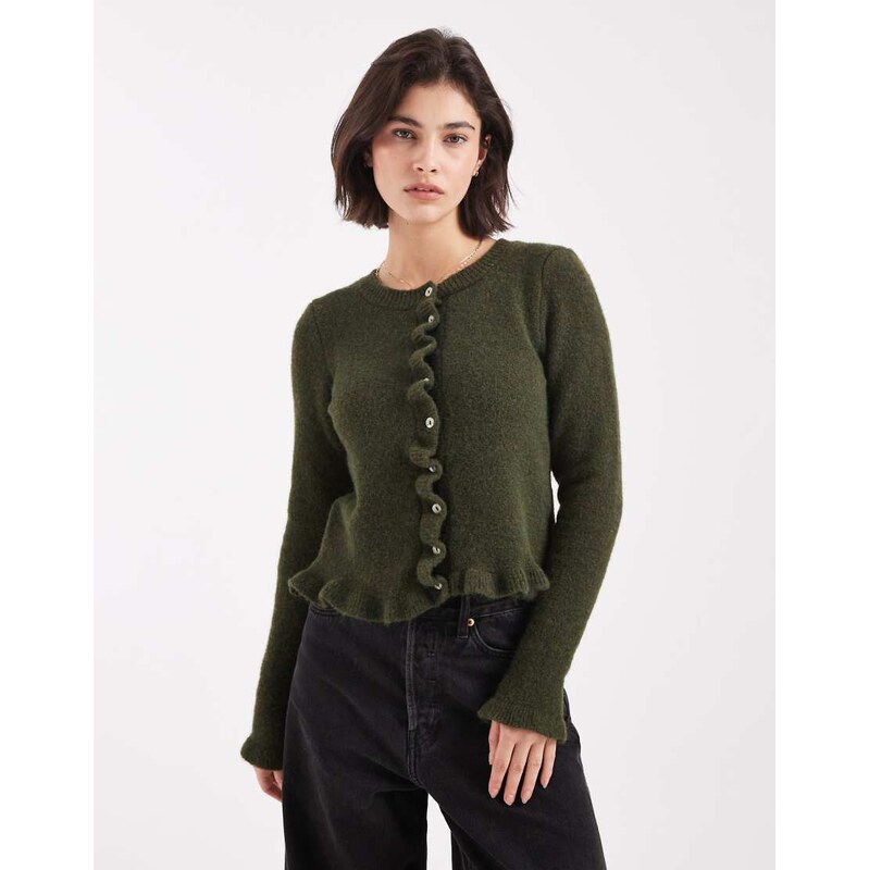 ASOS DESIGN knitted ruffle cardigan with wool in khaki-Green