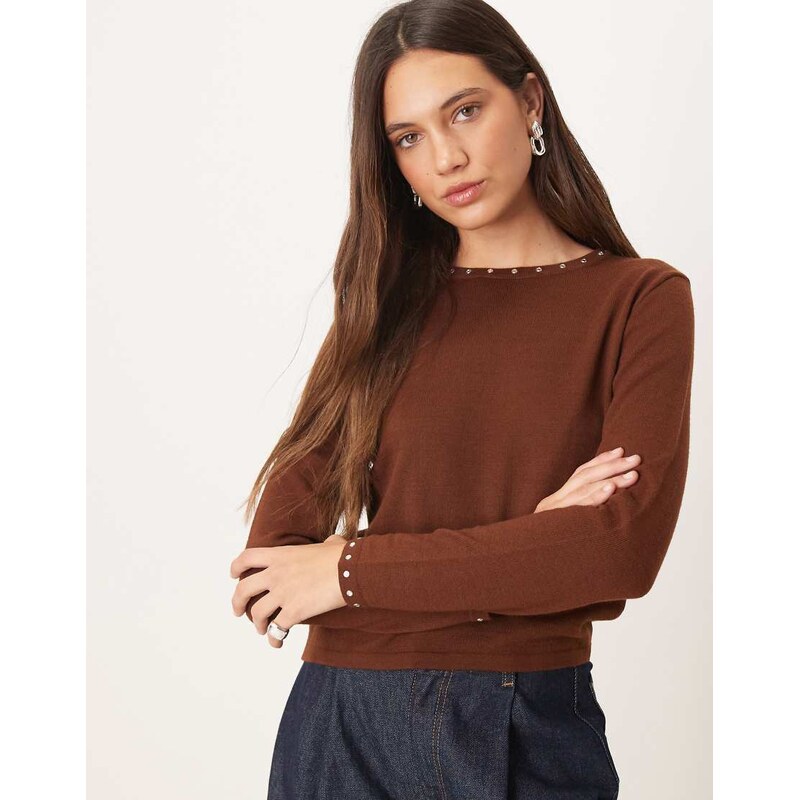 Mango slash neck top with stud trim detail in brown 109589117