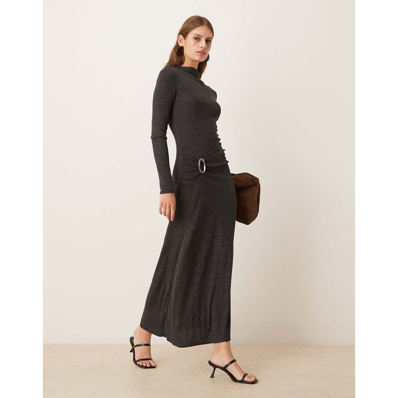 Mango high neck long sleeve maxi dress with buckle detail in charcoal 109596910