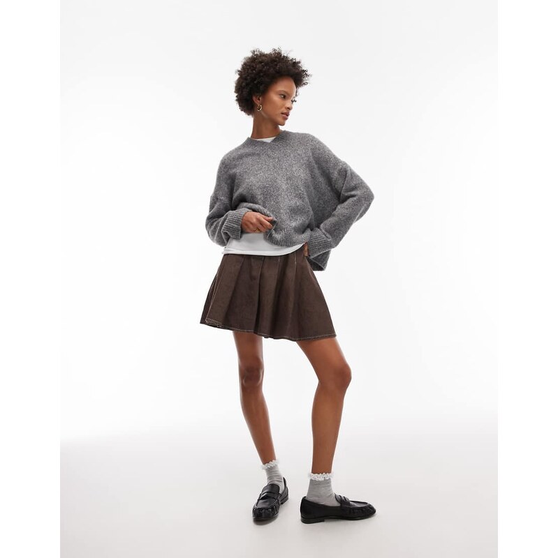 ASOS DESIGN denim pleat mini skirt in brown