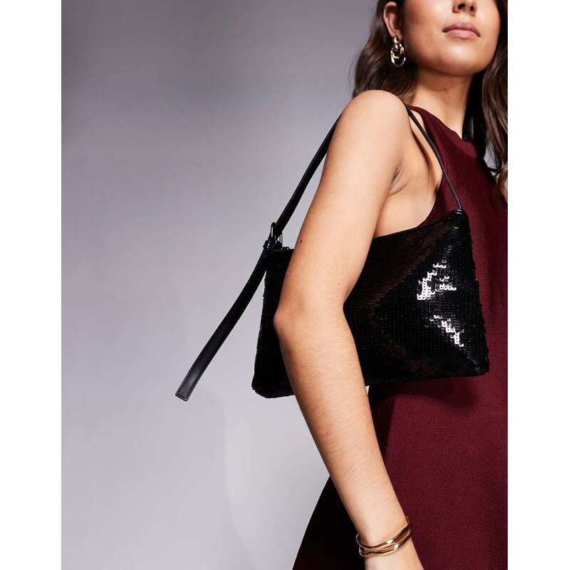 ASOS DESIGN sequin shoulder bag with side buckle strap in matte black 109589213