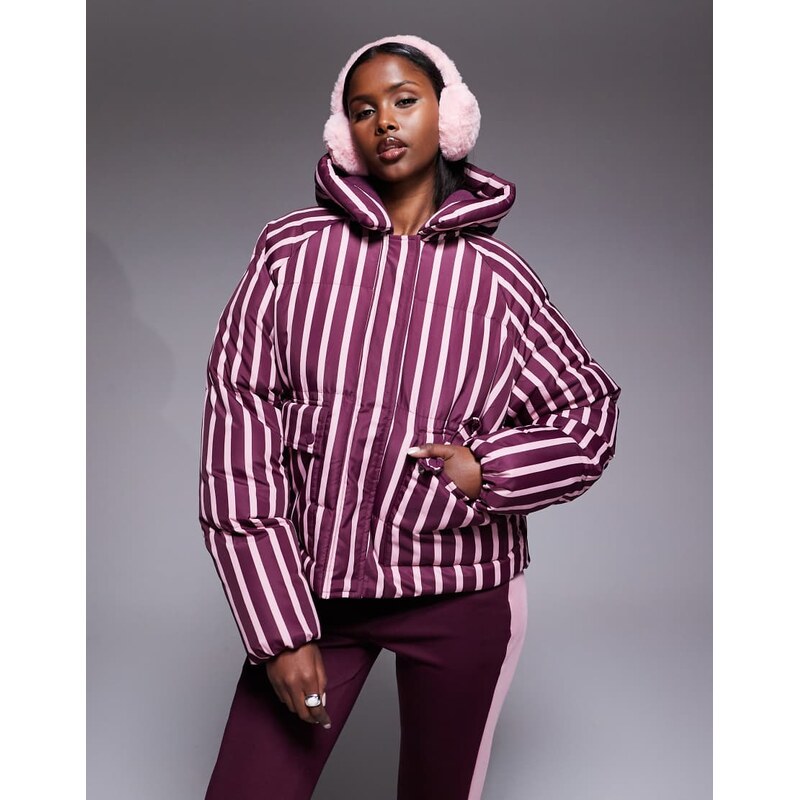 Threadbare Ski stripe puffer coat with hood in burgundy and pink-Red 115511847