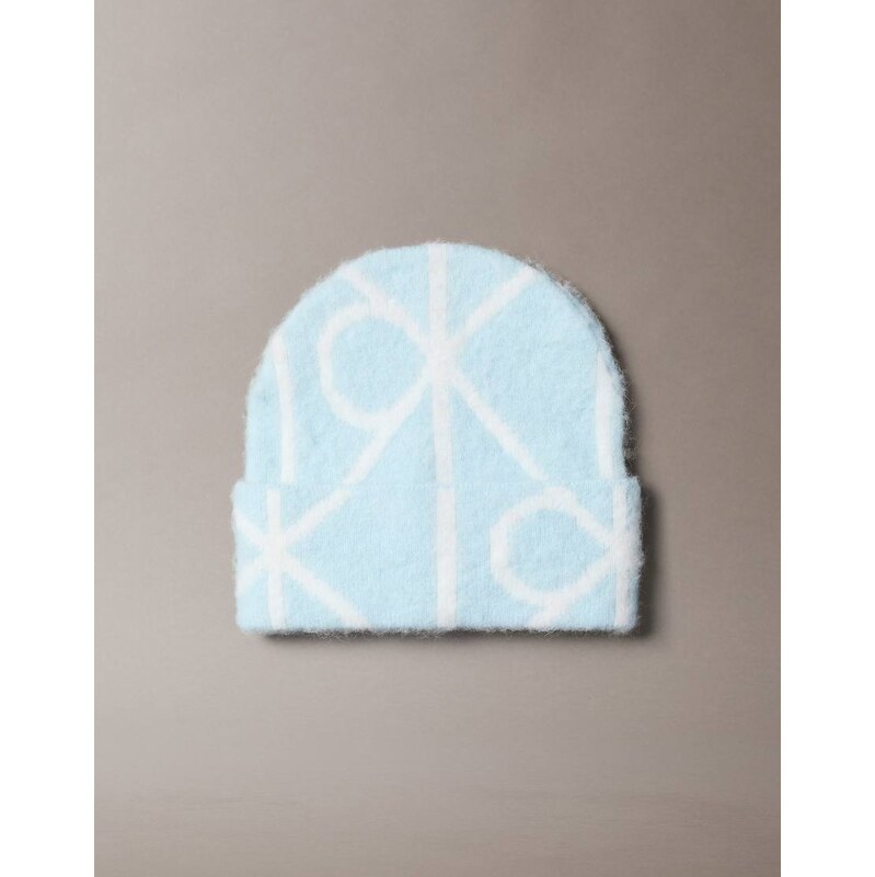 Calvin Klein emblem print brushed beanie in icey blue 109594101