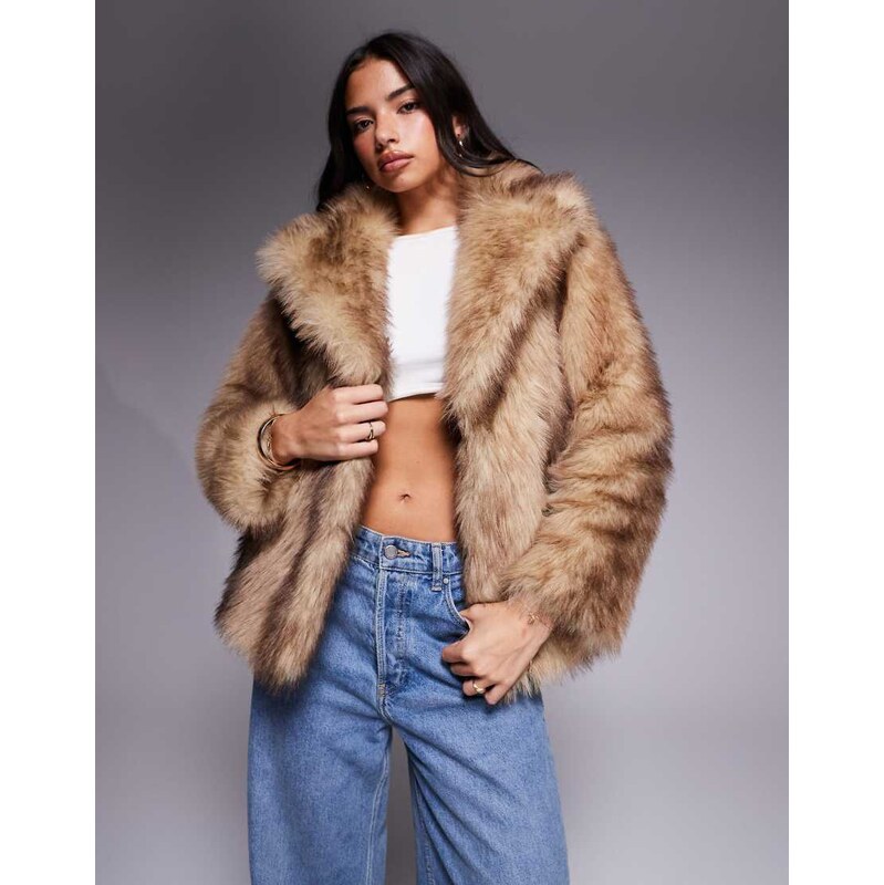Threadbare faux fur jacket with oversized collar in light brown