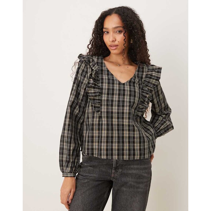 JDY v neck blouse with frill detail in black & cream check 109614818