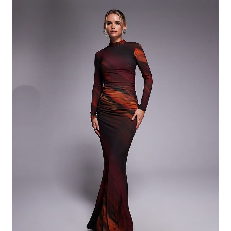 TFNC Petite mesh high neck ruched side maxi dress in burgundy