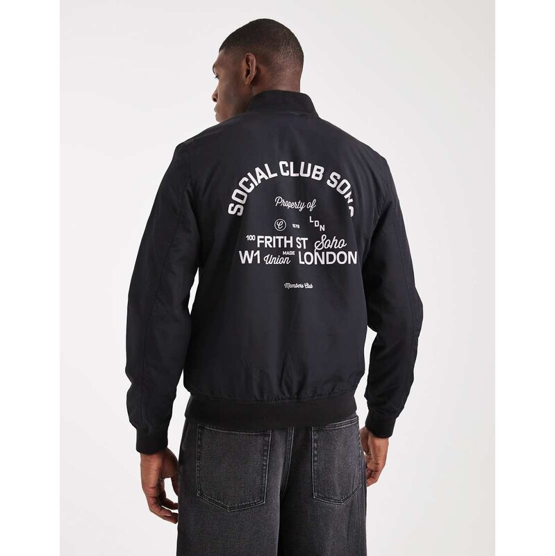 ASOS DESIGN lightweight bomber jacket with print in black
