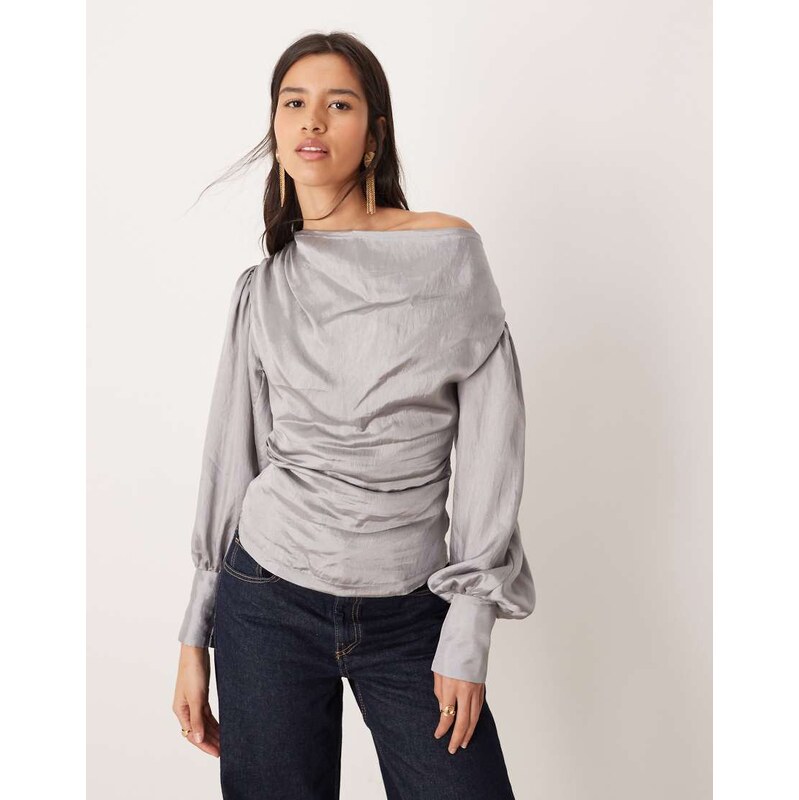 Ghospell balloon sleeve cowl neck top in metallic grey-Silver 110312377