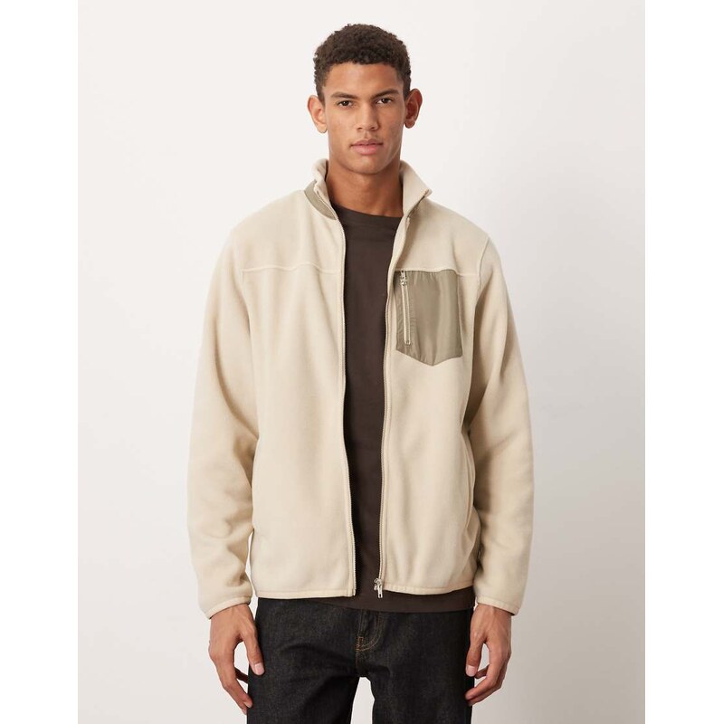 ASOS DESIGN fleece zip through with pocket in beige-Neutral