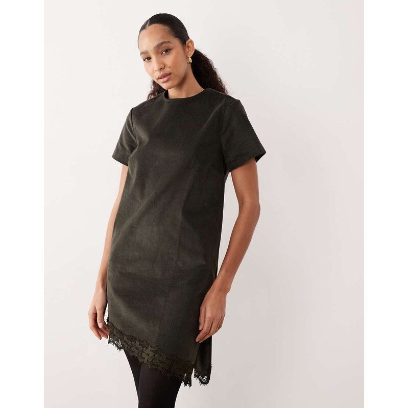 ASOS DESIGN cord t-shirt midi dress with asymmetric lace hem in