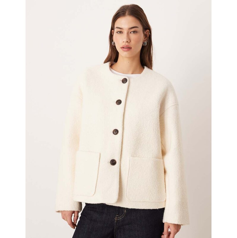 AWARE premium wool mix textured button front cropped jacket in cream 109594575