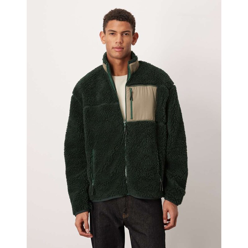 ASOS DESIGN relaxed borg zip through with pocket in dark green