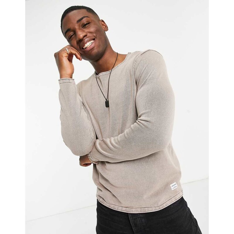 Jack & Jones Essentials washed jumper with rolled hem in beige