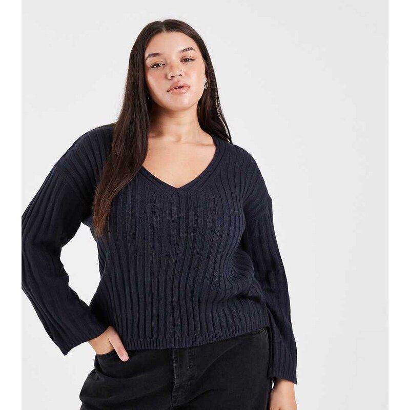 Brave Soul Brown Soul Plus deep v-neck ribbed jumper in navy 111244099