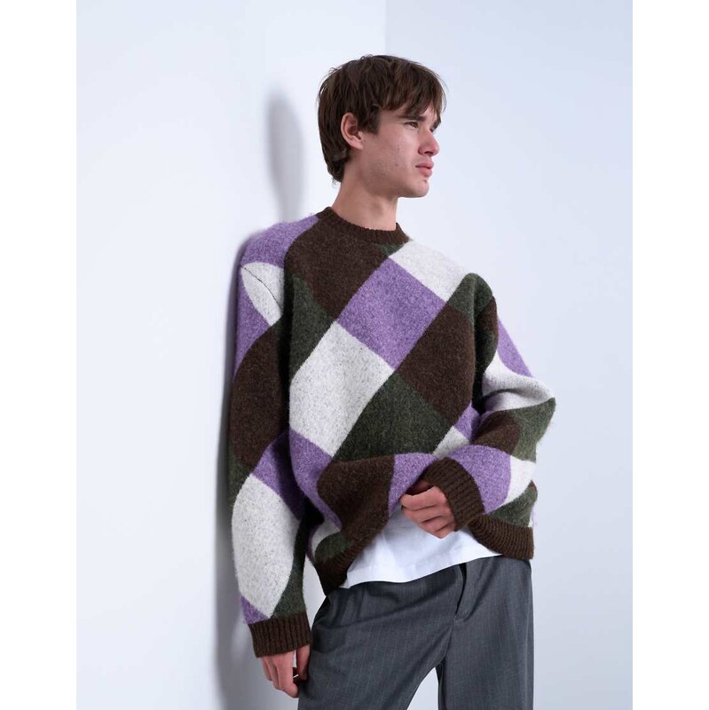 Topman relaxed fit knitted jumper with diamond design in brown