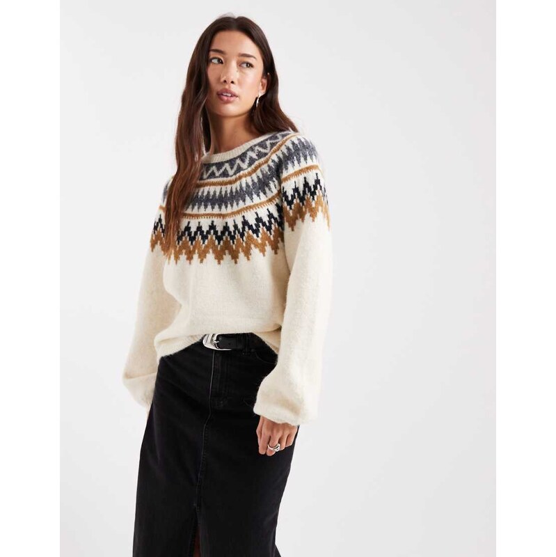 ONLY balloon sleeve fair isle jumper in beige-Neutral