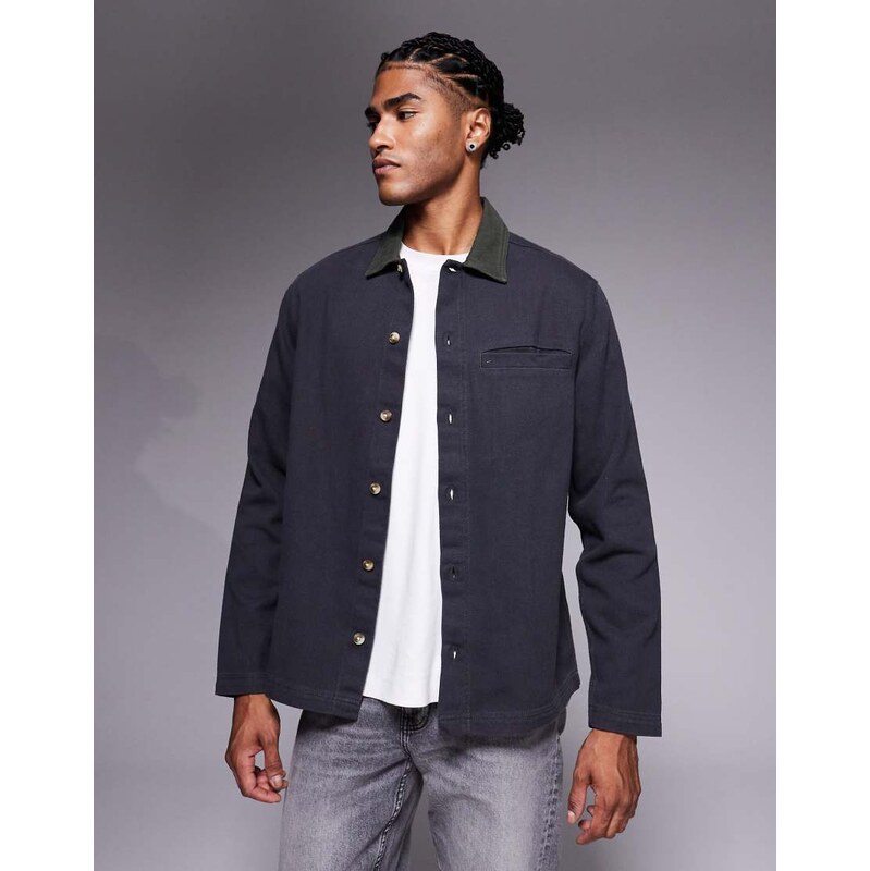 ASOS DESIGN overshirt with contrast collar in black