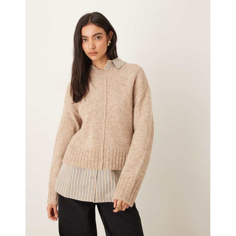 JDY crew neck boxy knitted jumper with seam detail in beige