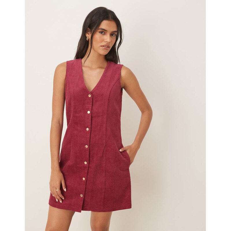 Threadbare cord button front mini dress in raspberry-Pink