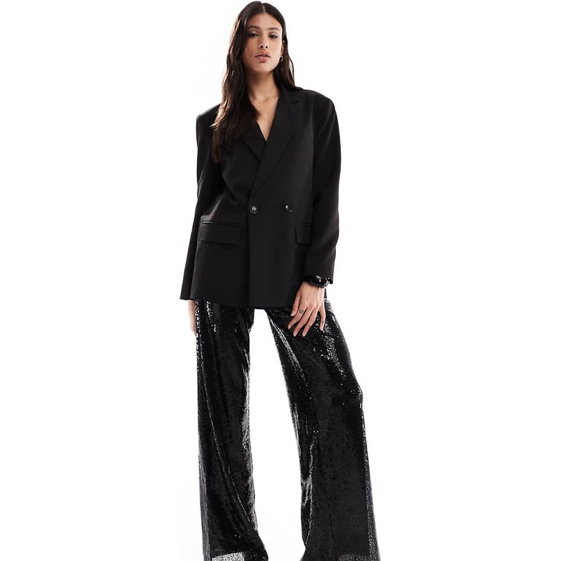 ONLY Tall high waist pull on sequin trousers in black 109594156