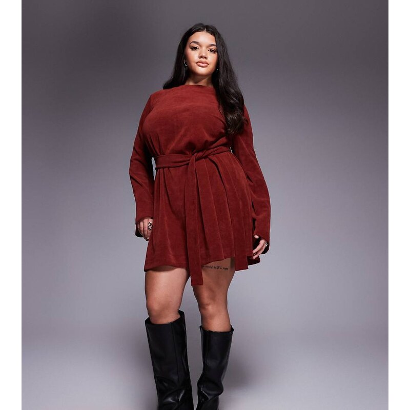 ASOS Curve ASOS DESIGN Curve fluted sleeve tie waist cord mini dress 109594162