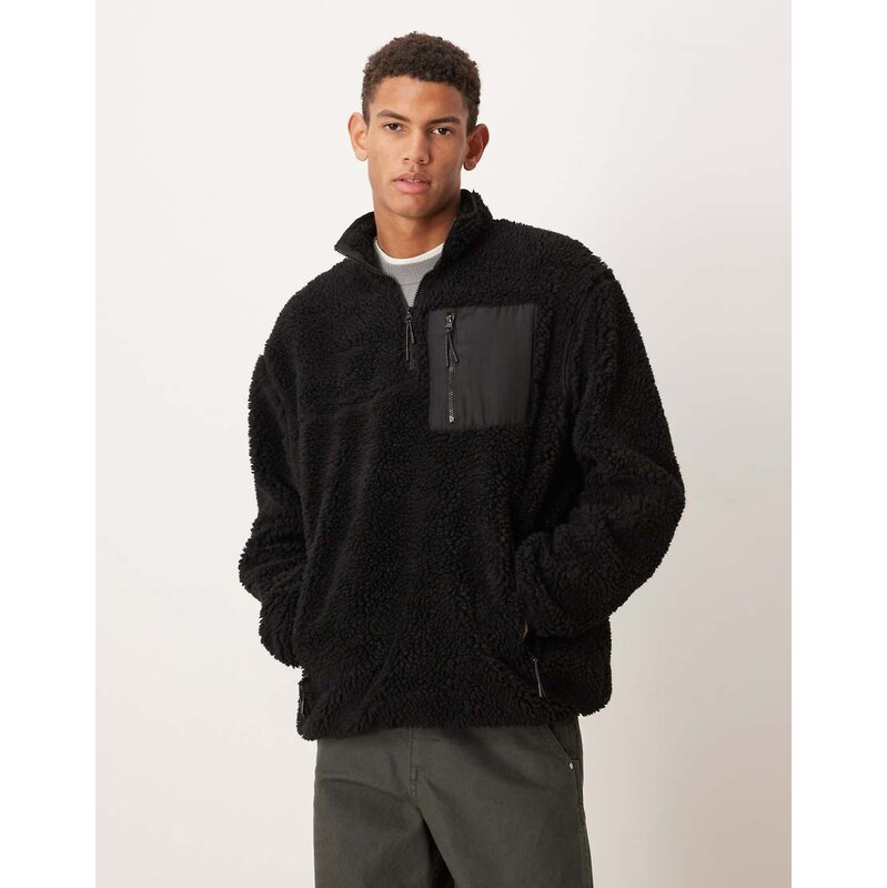 ASOS DESIGN relaxed borg quarter zip with pocket in black