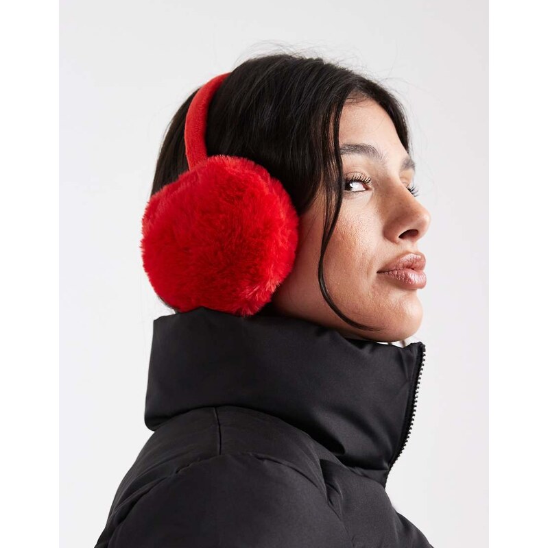 Pieces faux fur ear muffs in red 109594224