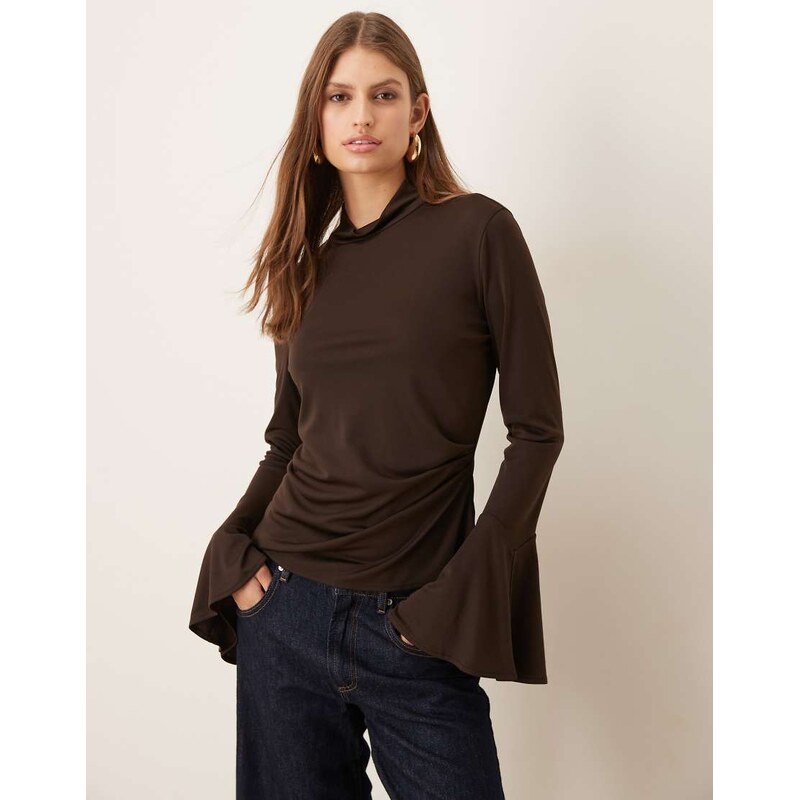 Mango roll neck long sleeve top with flared sleeves in brown 110924148