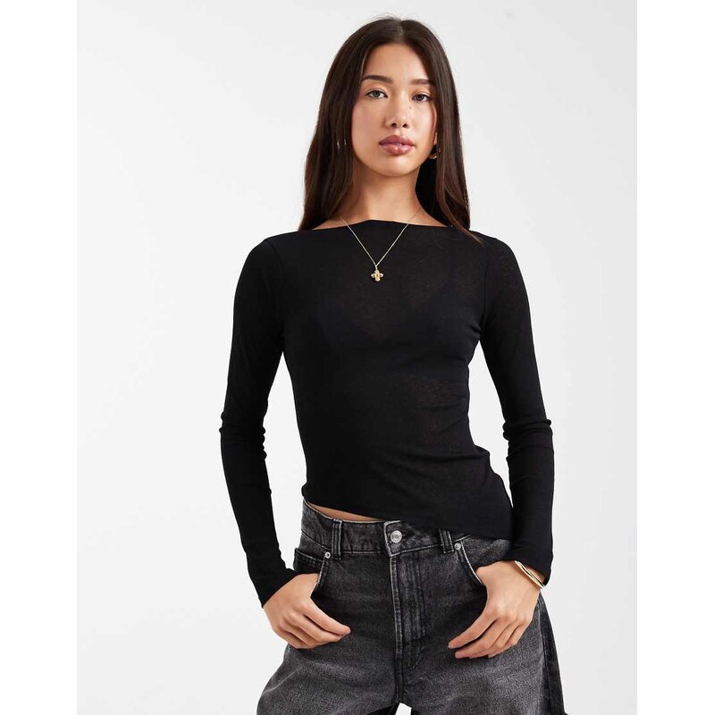 ASOS DESIGN sheer mesh long sleeve top with asymmetric hem in