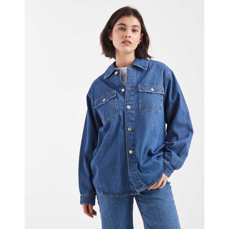 Vero Moda oversized pocket detail denim shirt in medium blue wash 111022054