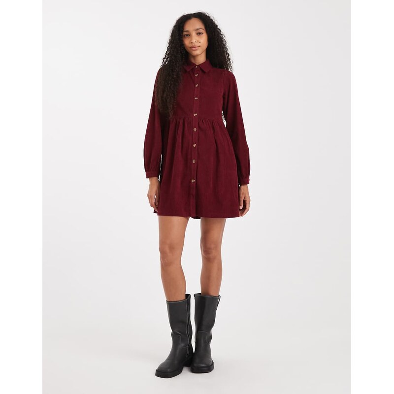 Threadbare cord shirt mini dress in fig-Red 115514380