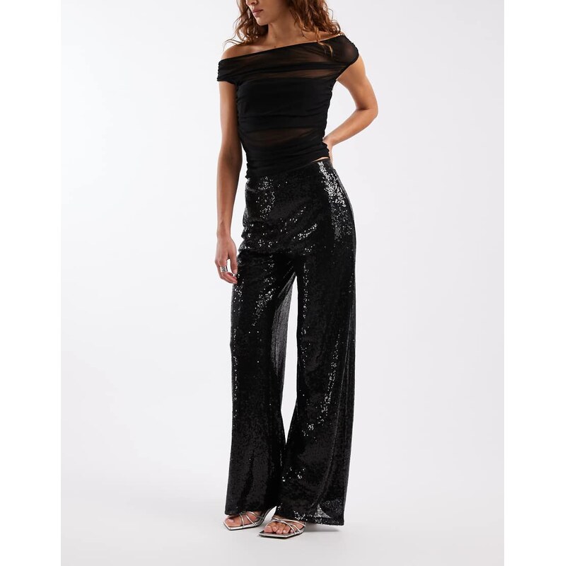 ONLY high waist pull on sequin trousers in black