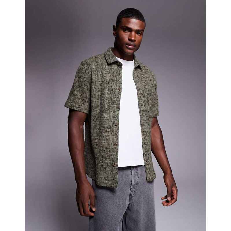 ASOS DESIGN regular fit jacquard shirt in khaki-Green