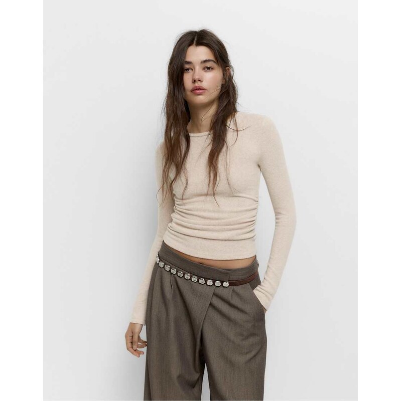 Pull&Bear Soft touch t-shirt with gathered detail in beige-Neutral 109596966