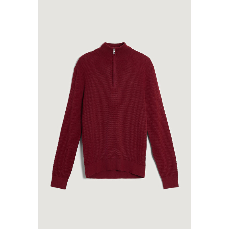 SVETR GANT TEXTURED COTTON MERINO HALF ZIP PLUMPED RED