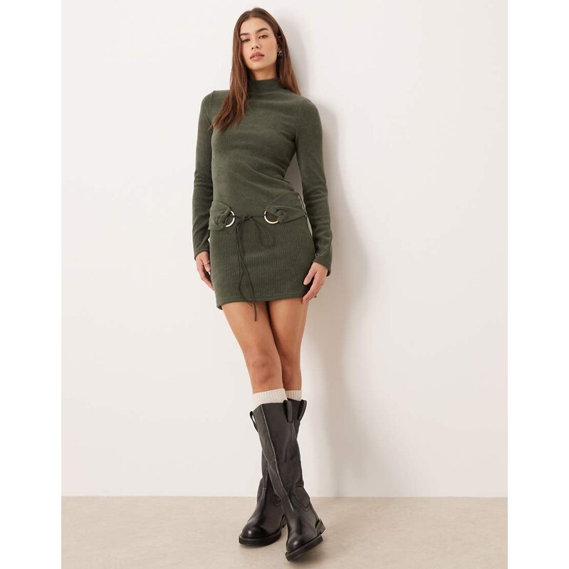 ASOS DESIGN high neck cord mini with hardware in khaki-Green