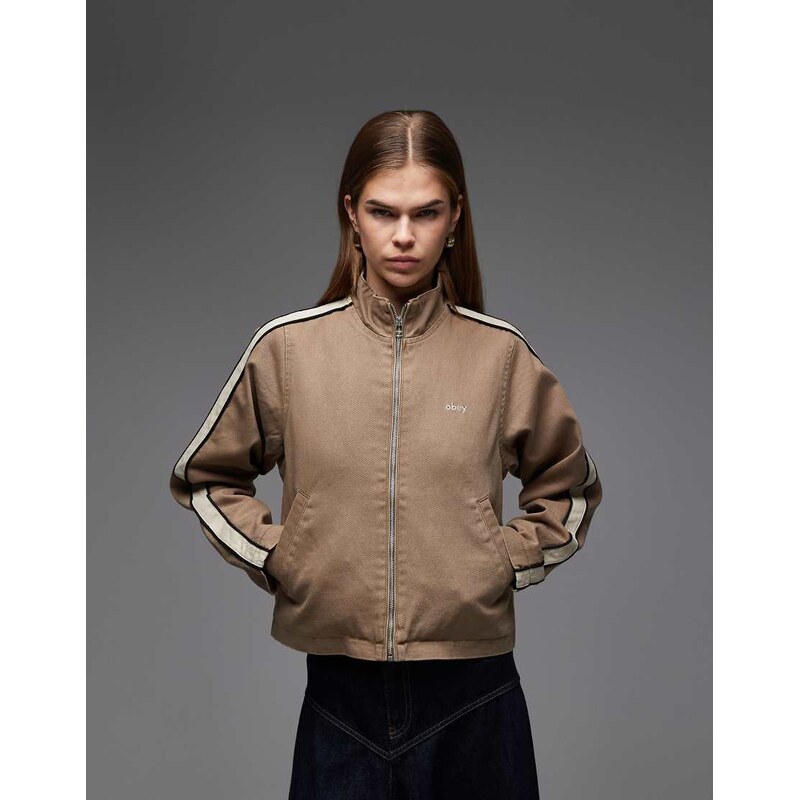 Obey astrid side stripe denim track jacket in brown and beige 110062580