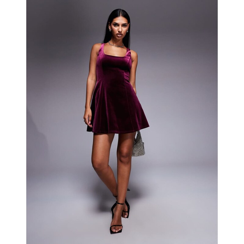 New Look velvet fit and flare mini dress in burgundy-Red