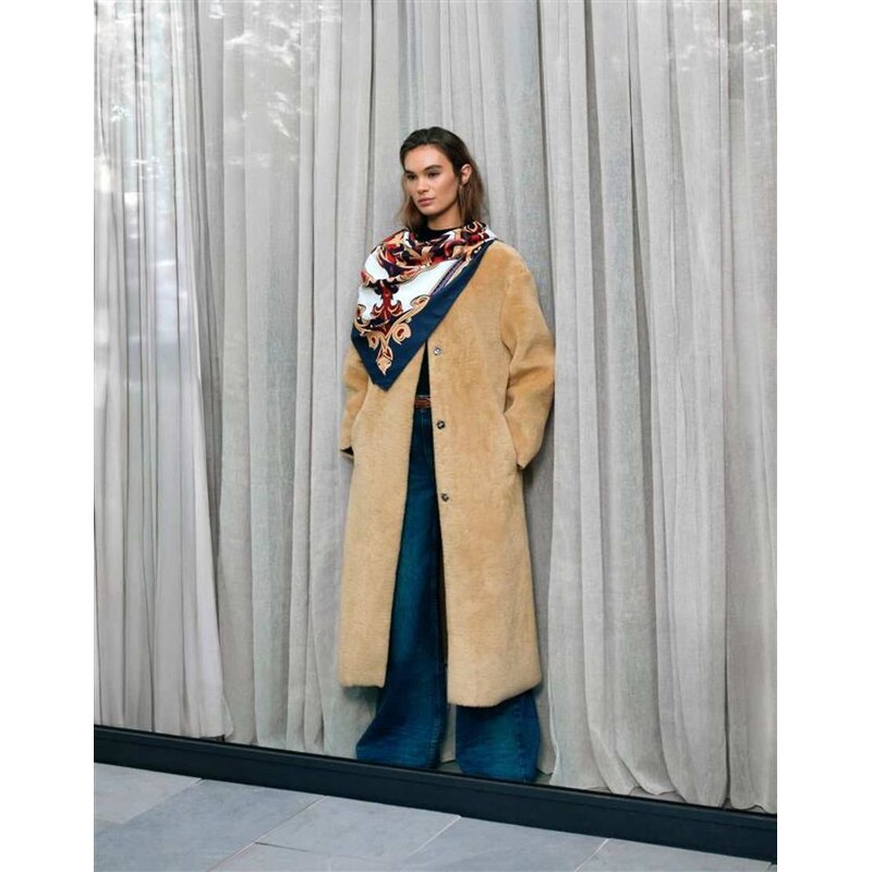 ASOS DESIGN collarless bonded fur coat in biscuit-Brown