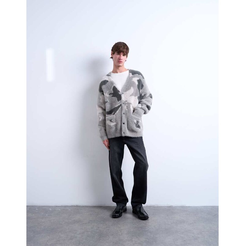Topman oversized fit knitted cardigan with camo design in grey
