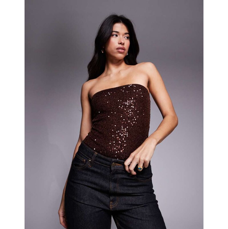 ASOS DESIGN allover sequin bandeau bodysuit in chocolate-Brown