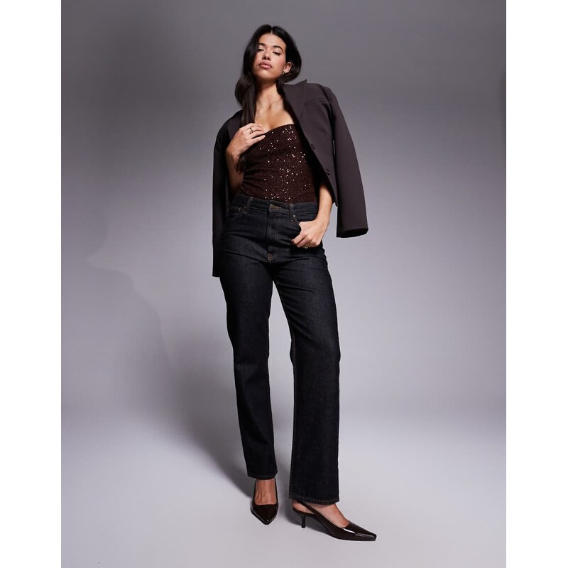 ASOS DESIGN allover sequin bandeau bodysuit in chocolate-Brown