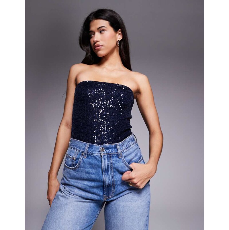 ASOS DESIGN allover sequin bandeau bodysuit in navy-Blue